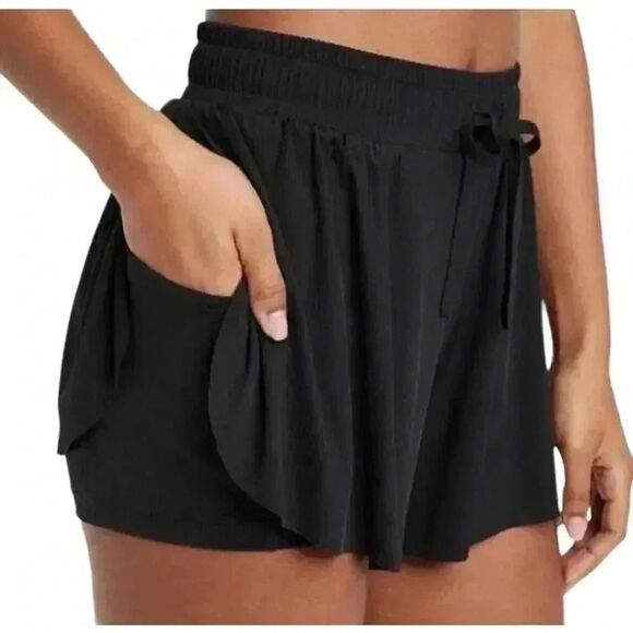 Joy Lab Women's Black Nylon/Spandex Butterfly Drawstring Shorts - Picture 1 of 7